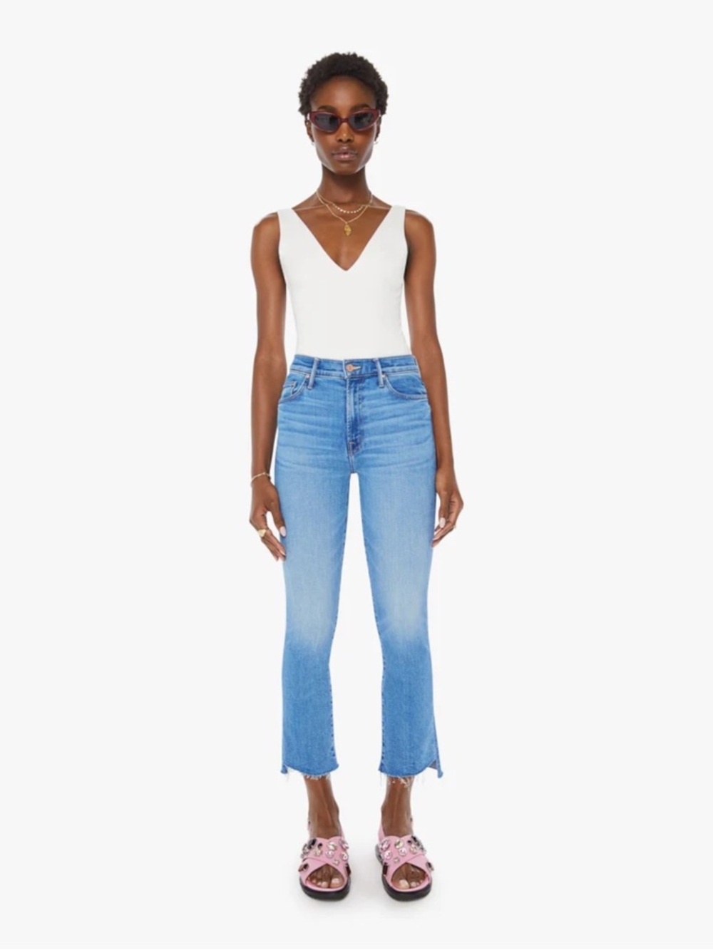 Mother The Insider Crop Step Fray light wash denim jeans